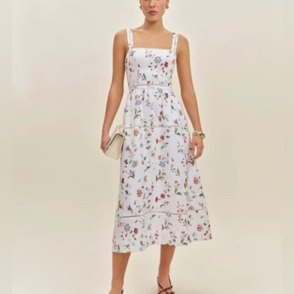 NEW Reformation Everett Linen Midi Dress Corsini White Multi Floral | US 6 UK 10 - Picture 4 of 16